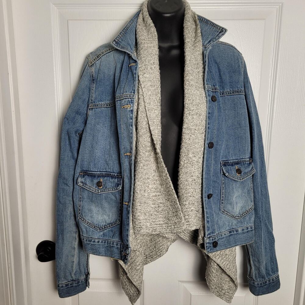 Abercrombie & Fitch Denim Jacket Womens Large Blue Knit Waterfall Front Open Y2K